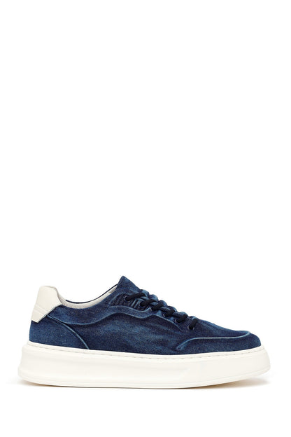 Erkek Lacivert Bağcıklı Kalın Tabanlı Kumaş Sneaker