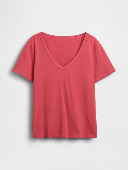 Kırmızı Organik Pamuk Vintagesoft V-yaka T-shirt