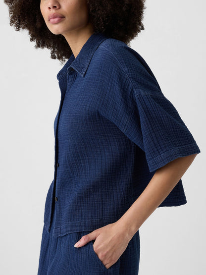 Koyu Mavi Gauze Crop Bluz