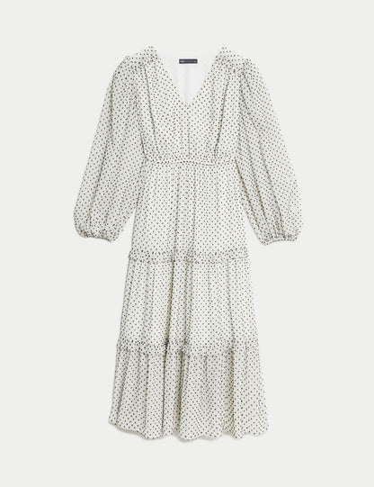 Puantiye Desenli Uzun Kollu Maxi Elbise