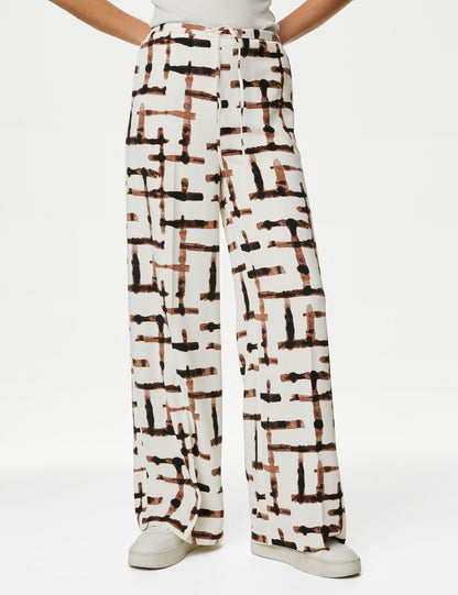 Yüksek Bel Desenli Wide Leg Pantolon