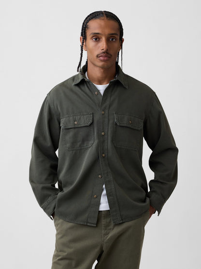Haki Ultrasoft Denim Relaxed Utility Gömlek