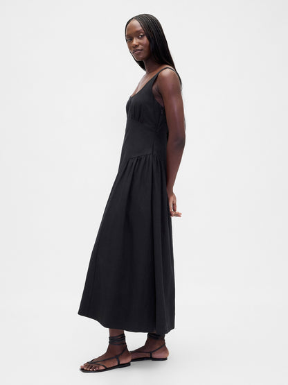 Siyah Keten Karışımı Shirred Maxi Elbise