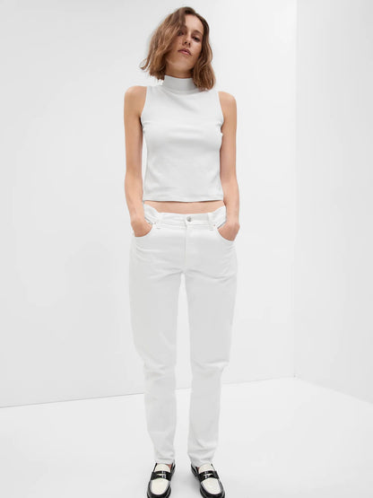 Beyaz Mid Rise Girlfriend Washwell™ Jean Pantolon