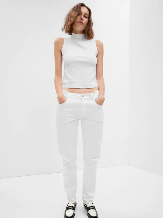 Beyaz Mid Rise Girlfriend Washwell™ Jean Pantolon