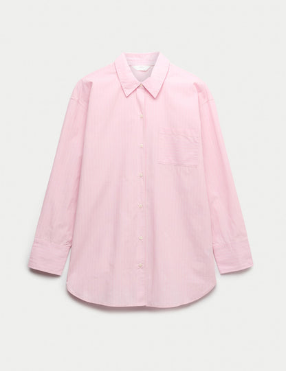 Saf Pamuklu Çizgili Poplin Pijama Üstü