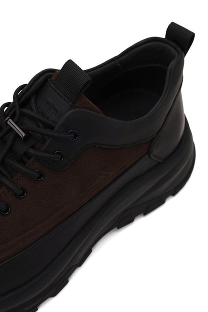 Erkek Kahverengi Bağcıklı Kalın Tabanlı Deri Casual Sneaker