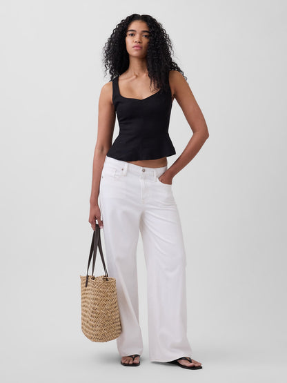 Siyah Keten Karışımlı Peplum Bluz
