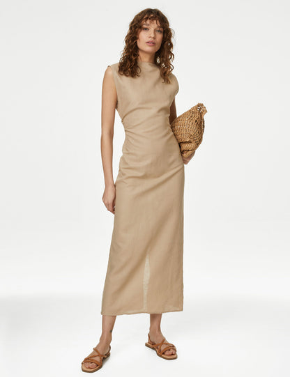 Regular Fit Midi Keten Elbise