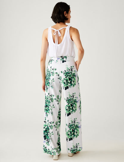 Çiçek Desenli Wide Leg Saten Pantolon