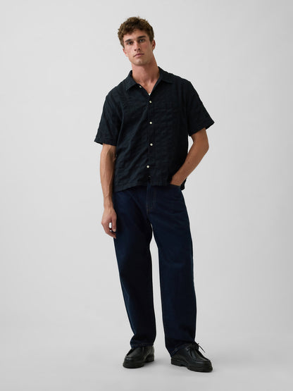 Siyah Dobby Relaxed Straight-hem Gömlek