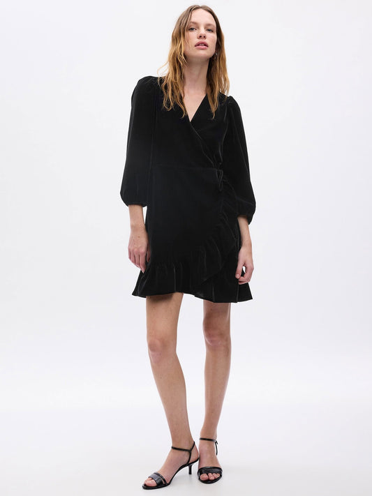 Siyah Kadife Wrap Mini Elbise