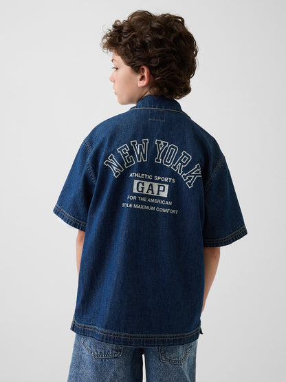 Koyu Mavi Kids Denim Relaxed New York Logo Gömlek