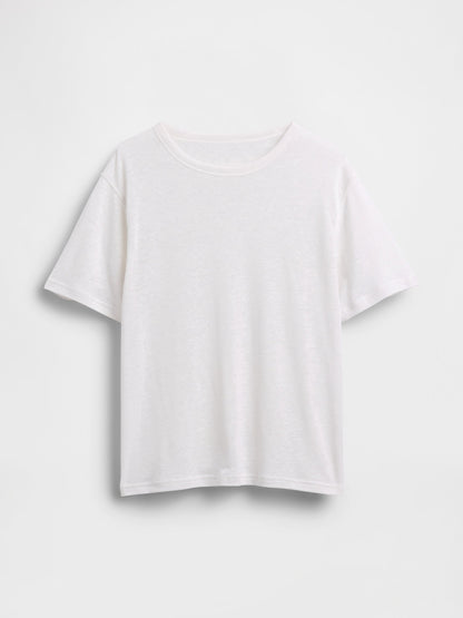 Beyaz Keten Karışımlı Relaxed T-shirt