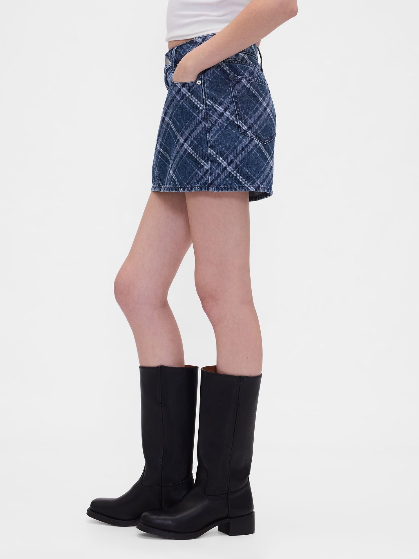 Koyu Mavi Denim Kareli Mini Etek