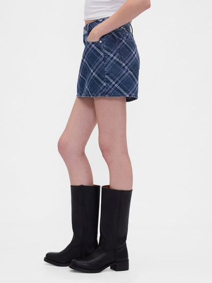 Koyu Mavi Denim Kareli Mini Etek