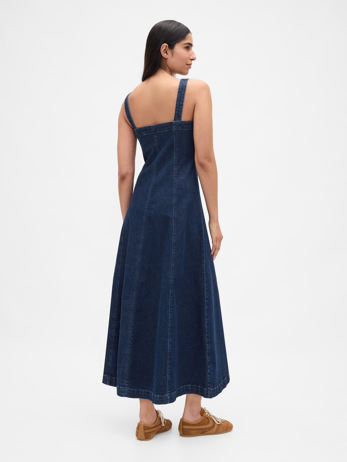 Lacivert Denim Kare Yaka Maxi Elbise