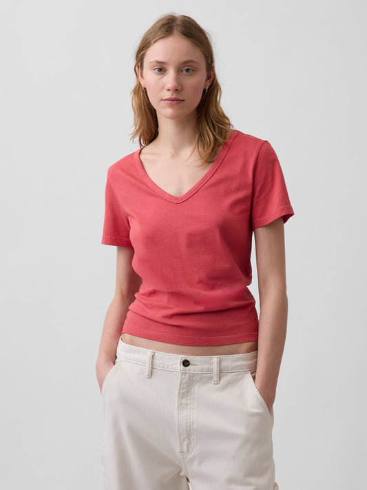 Kırmızı Organik Pamuk Vintagesoft V-yaka T-shirt