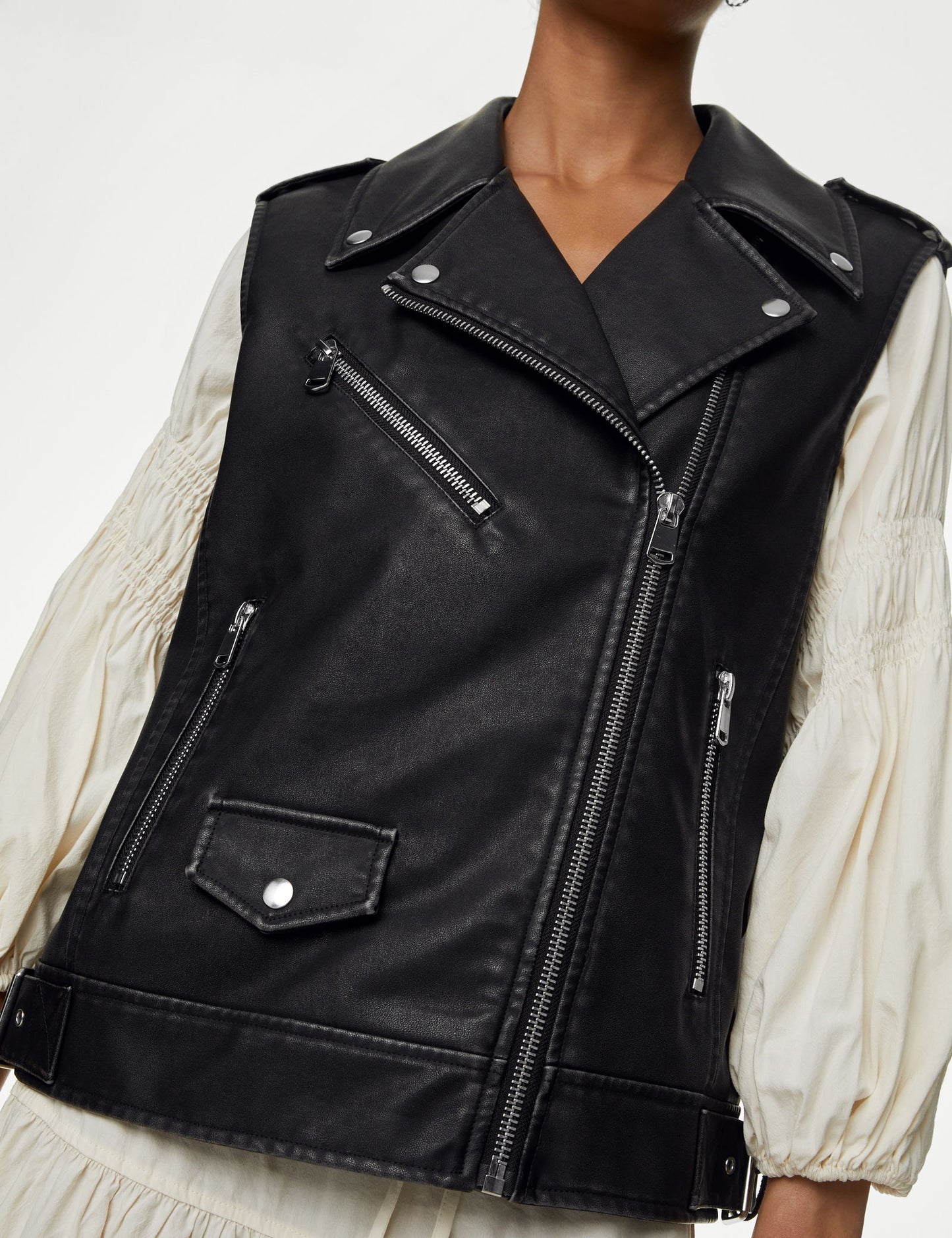 Relaxed Fit Suni Deri Biker Yelek