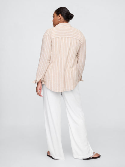 Beyaz Mid Rise Keten Karışımlı Pull-on Wide-leg Pantolon