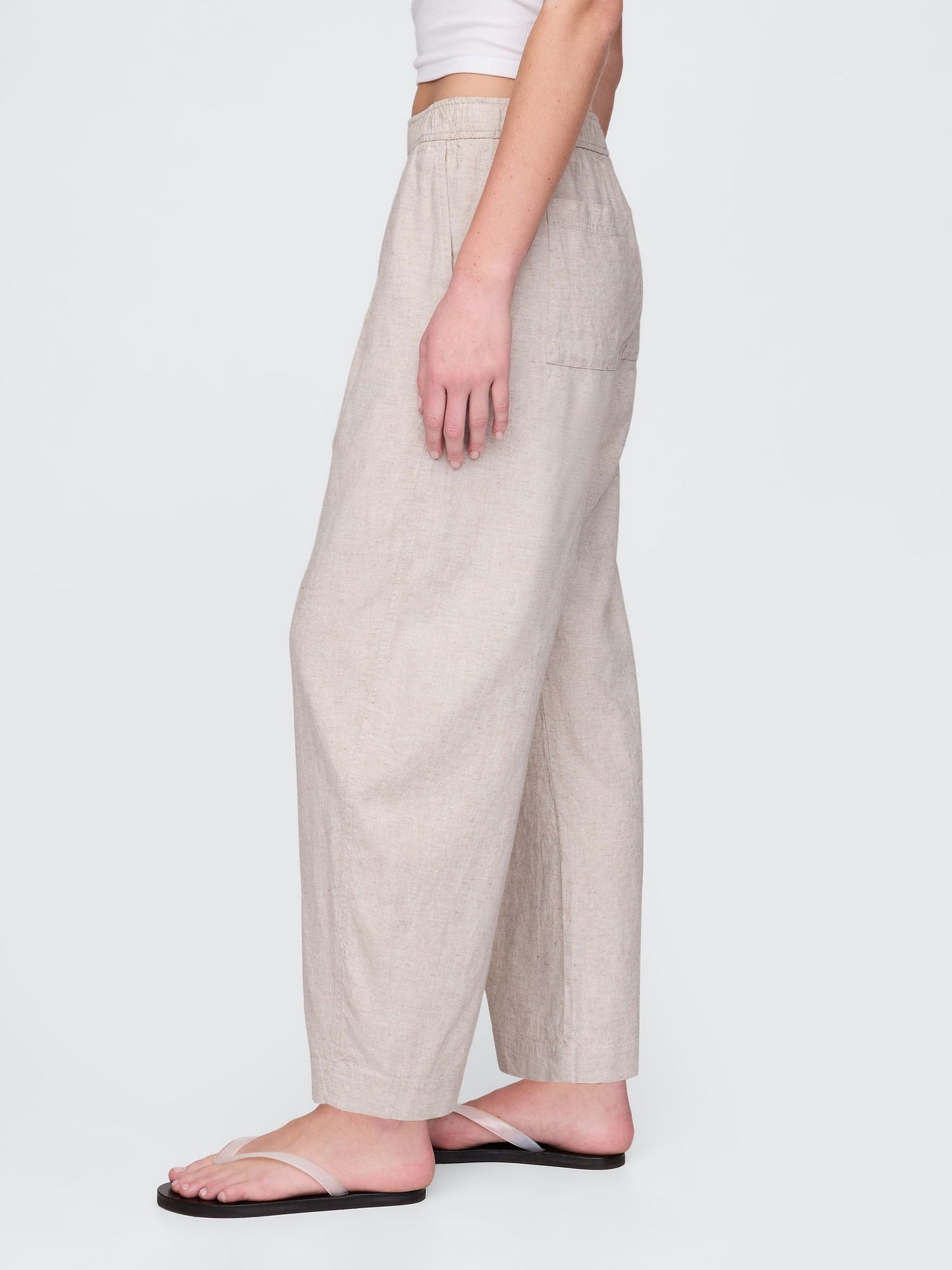 Bej Mid Rise Keten Karışımlı Barrel Pantolon
