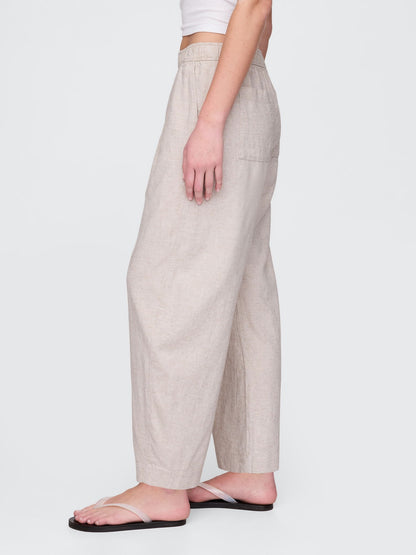 Bej Mid Rise Keten Karışımlı Barrel Pantolon