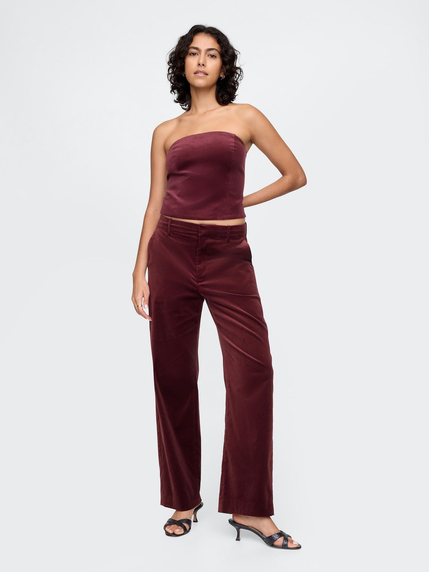 Bordo High Rise Kadife Straight Pantolon