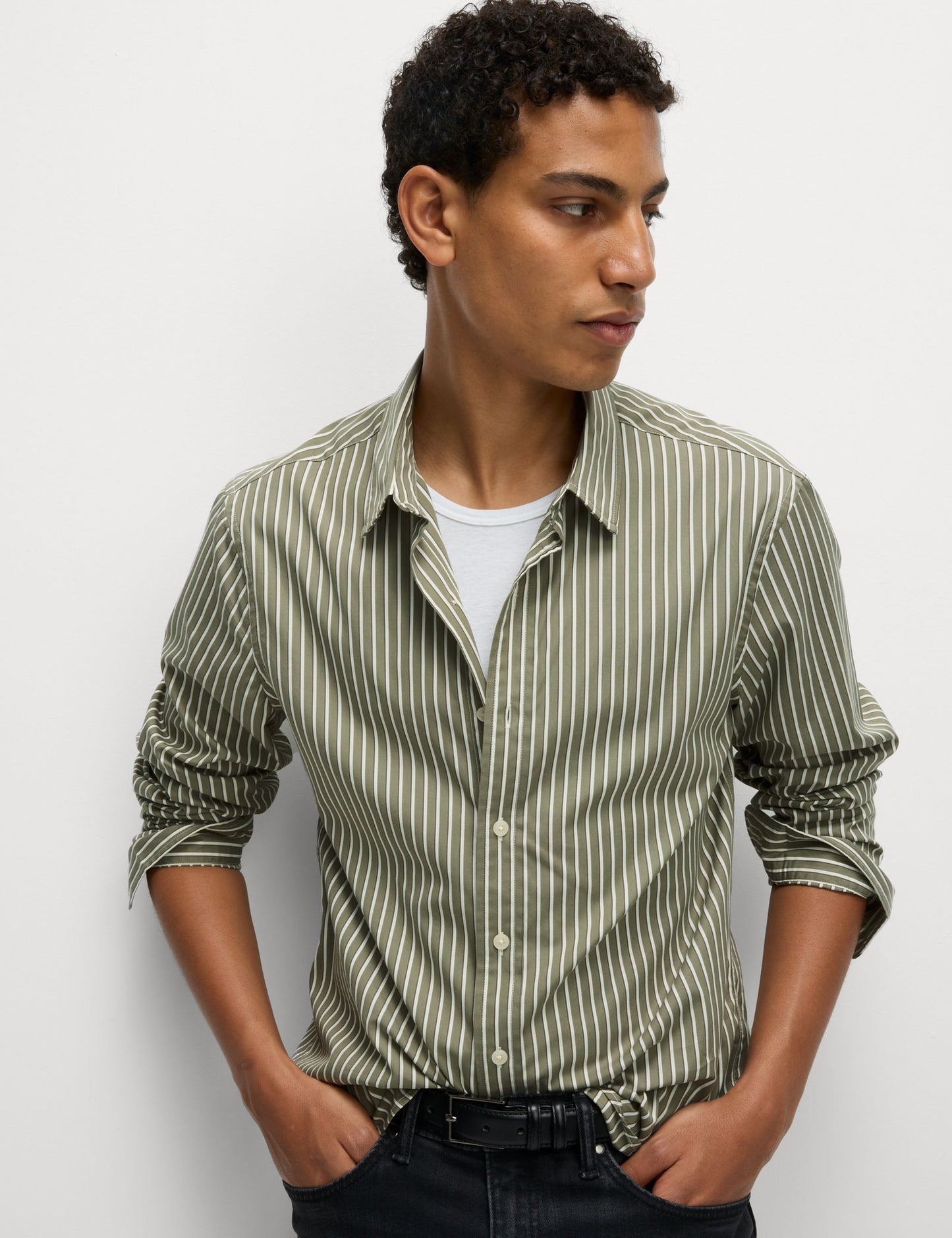 Saf Keten Çizgili Gömlek