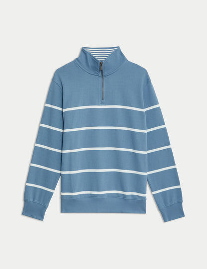 Saf Pamuklu Çizgili Yarım Fermuarlı Sweatshirt
