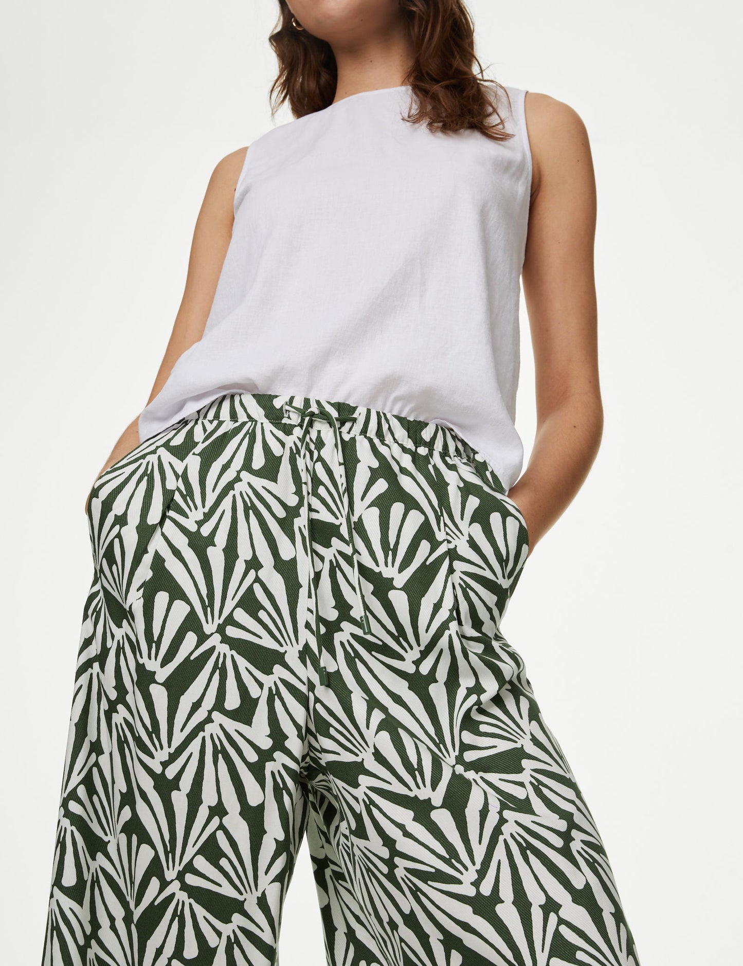Yüksek Bel Desenli Crop Wide Leg Pantolon