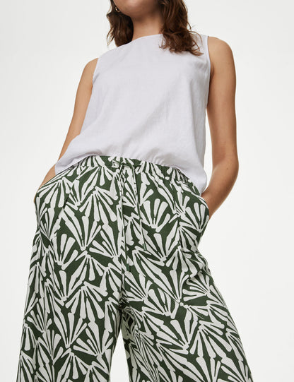 Yüksek Bel Desenli Crop Wide Leg Pantolon