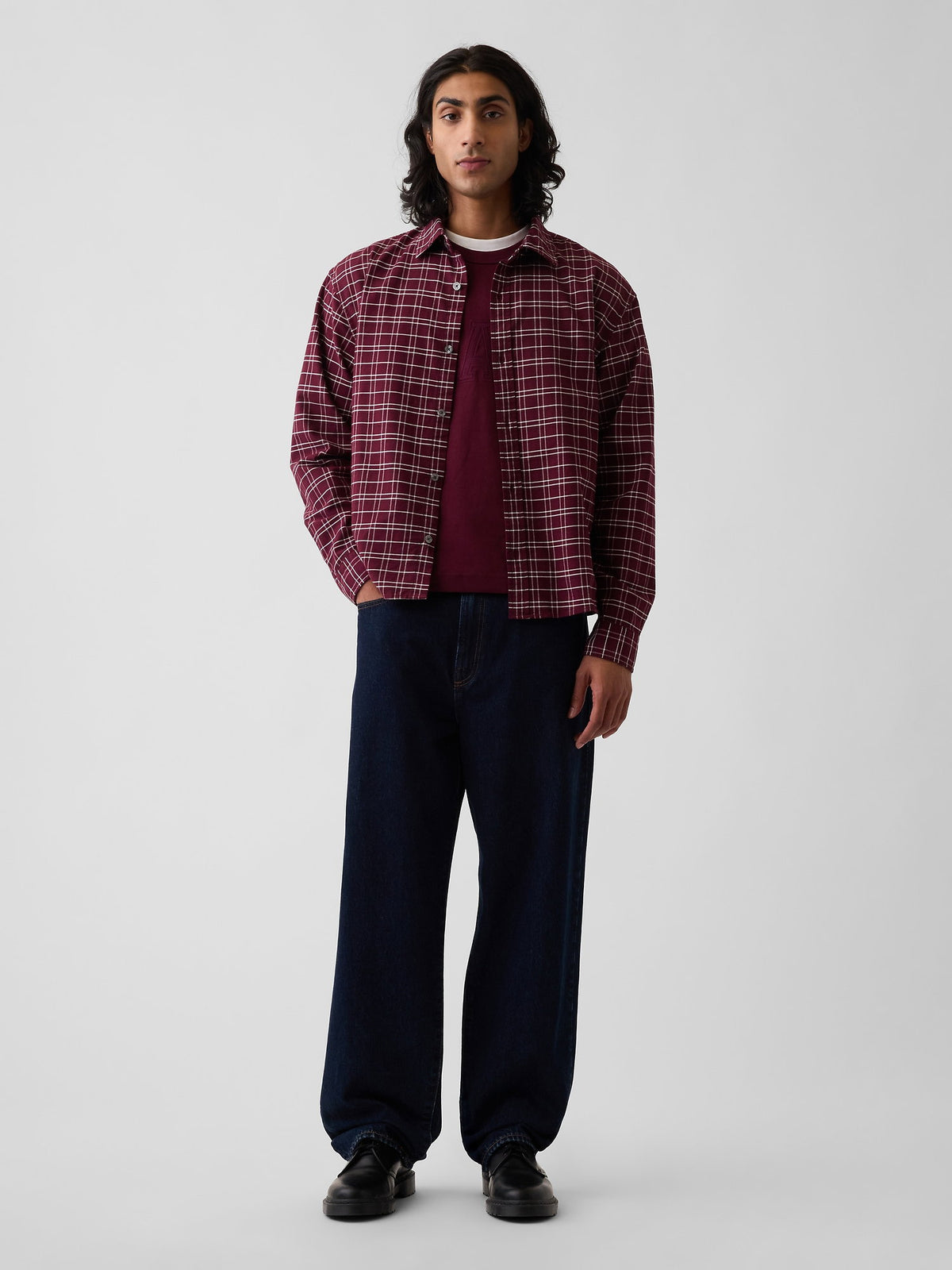 Bordo Relaxed Crop Straight-hem Oxford Gömlek