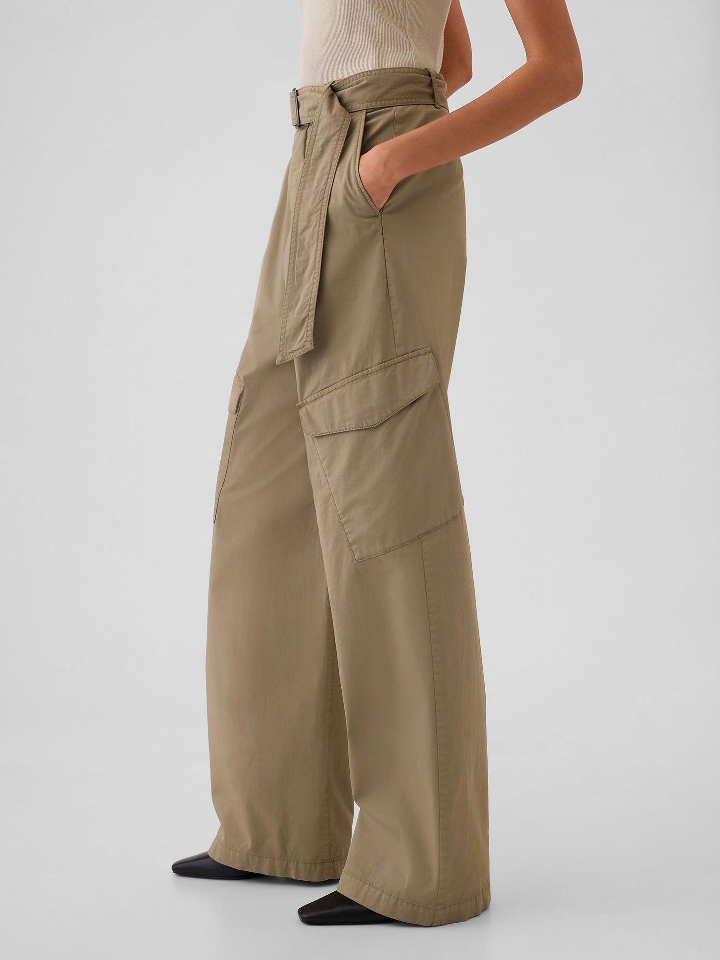 Bej High Rise Kargo Baggy Pantolon