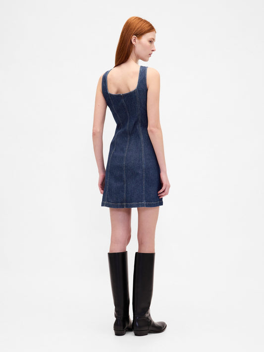 Koyu Mavi Denim Seamed Düğmeli Mini Elbise