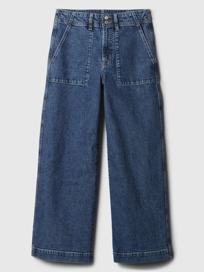 Koyu Mavi High Rise Wide-leg Crop Jean Pantolon