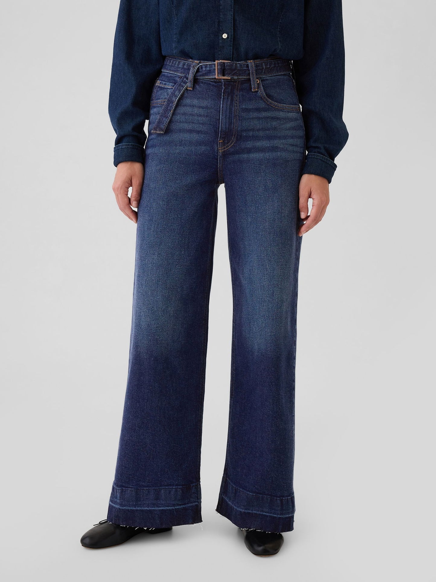 Lacivert High Rise Stride Belted Wide-leg Jean Pantolon