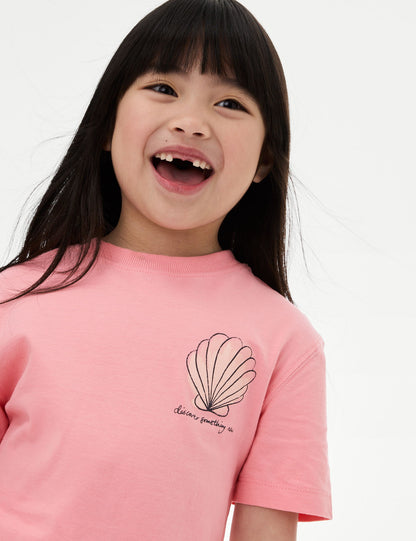 ?saf Pamuklu Deniz Kabuğu Yazılı T-shirt (2–8 Yaş)?