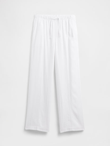 Beyaz Mid Rise Keten Karışımlı Pull-on Wide-leg Pantolon
