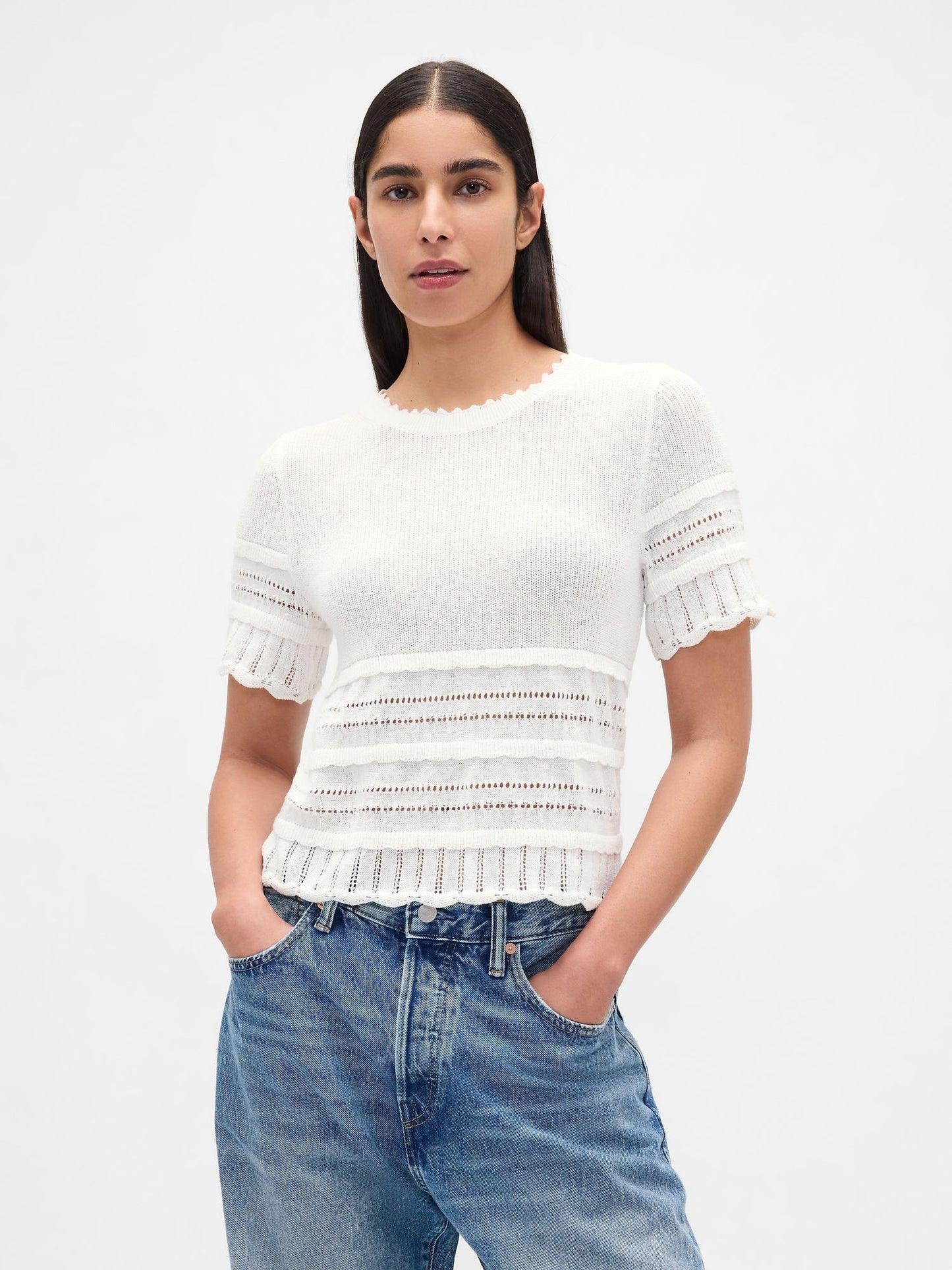 Beyaz Linen-blend Pointelle Crop Kazak