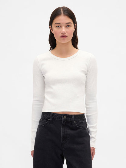 Bej Ribana Crop Bisiklet Yaka T-shirt