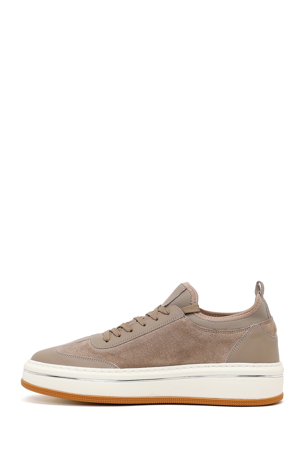 Erkek Bej Bağcıklı Kalın Tabanlı Deri Sneaker