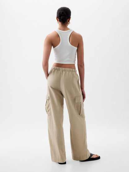 Bej Keten Karışımlı Pull-on Kargo Pantolon