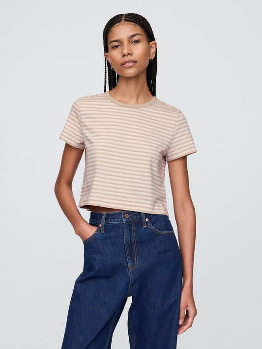Bej %100 Organik Pamuk Vintage Soft Crop T-Shirt