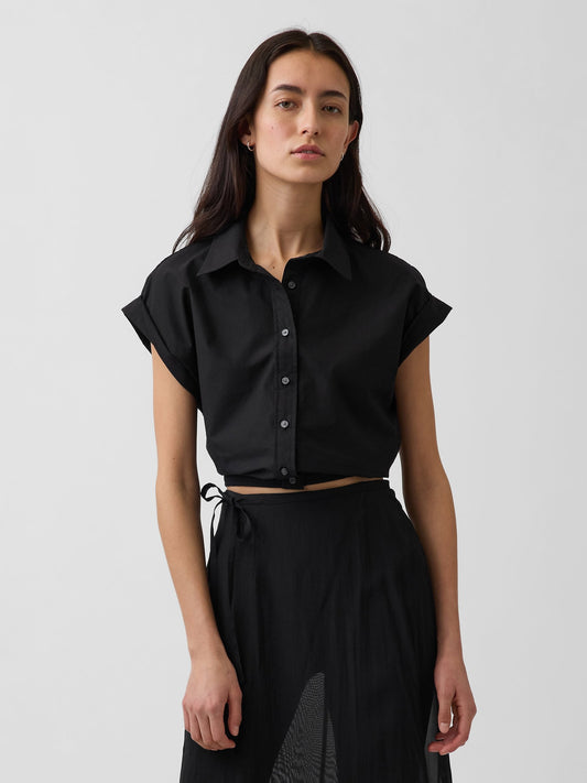 Beyaz Poplin Cap-sleeve Crop Bluz