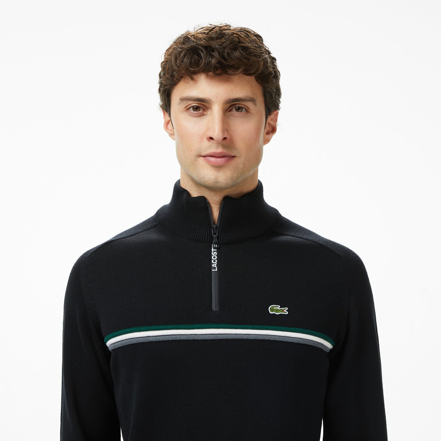 Lacoste Erkek Classic Fit Yarım Fermuarlı Çizgili Siyah Kazak