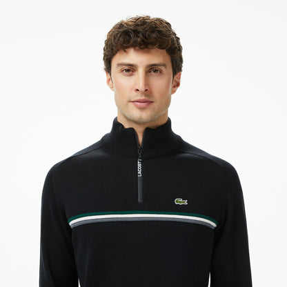Lacoste Erkek Classic Fit Yarım Fermuarlı Çizgili Siyah Kazak