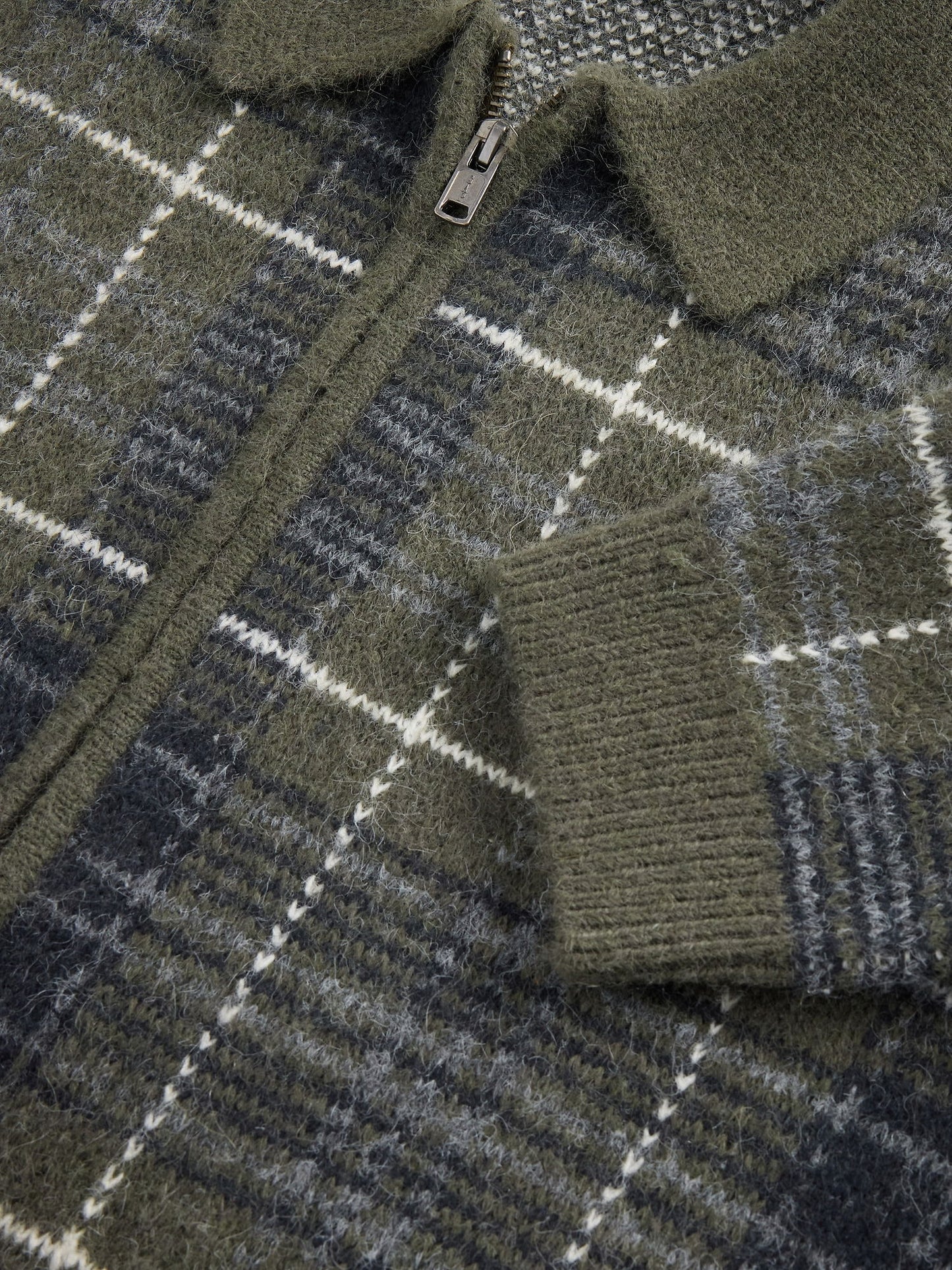 Yeşil Fermuarlı Kareli Brushed Hırka