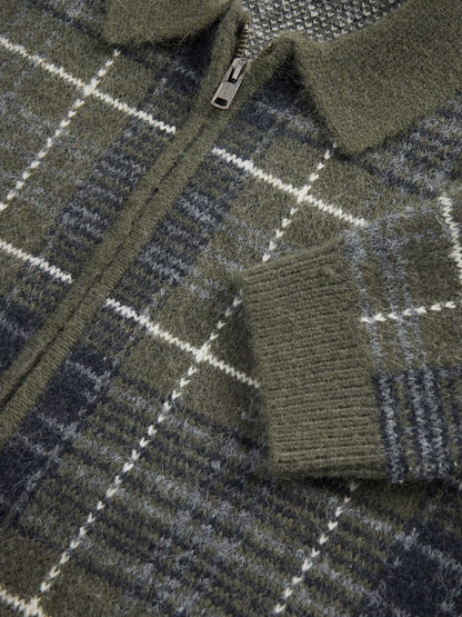 Yeşil Fermuarlı Kareli Brushed Hırka