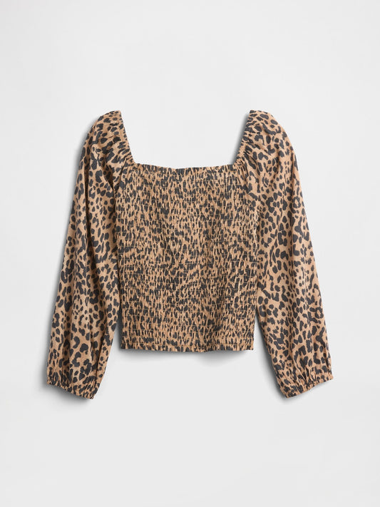 Kahverengi Kare Yaka Leoparlı Bluz