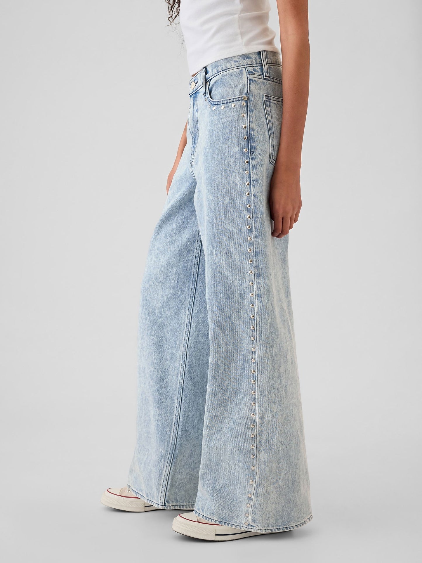 Açık Mavi Mid Rise Studded Baggy Jean Pantolon